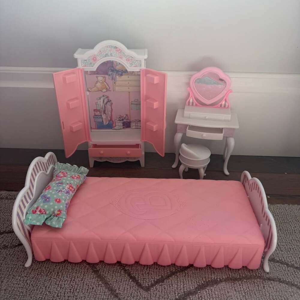 Vintage 1980s Barbie Doll Furniture Bedroom Set Bed Wardrobe Vanity Stool